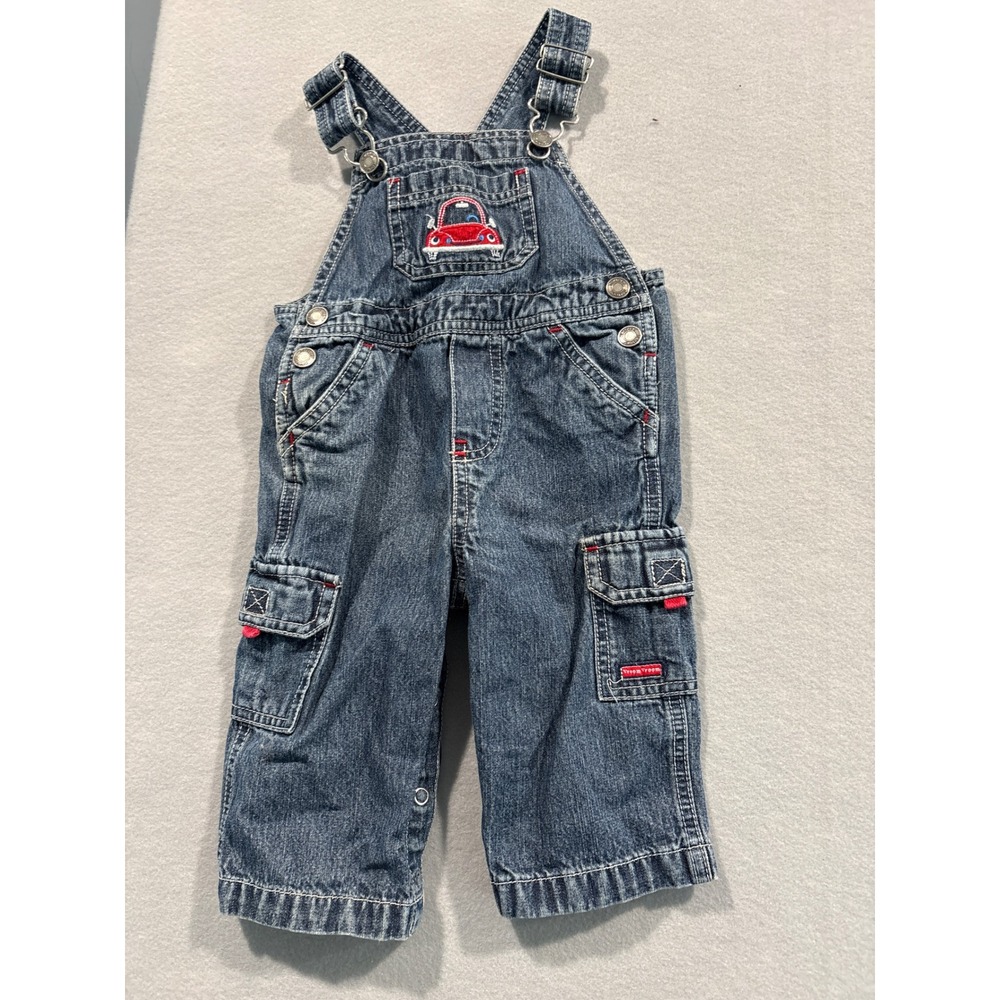 Carters Kids Blue Denim Overalls Red Car Embroidery Vroom Vroom Cargo Pockets